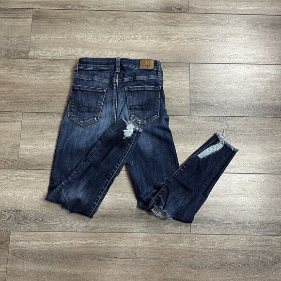 American Eagle Jeans Size 0 Distressed Curvy Hi Rise Jegging Wash Blue Denim - Picture 2 of 8